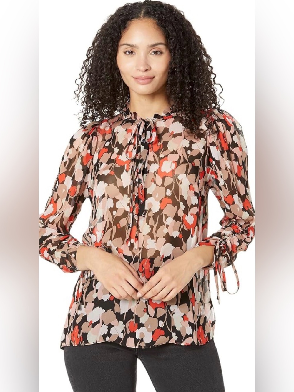 Ted Baker London Floral Ruched Sleeve Tie-Neck Long Sleeve Blouse